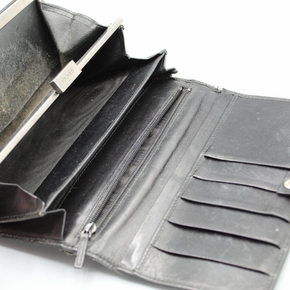 GUCCI bifold checkbook WALLET women authentic black leather red green stripe VTG